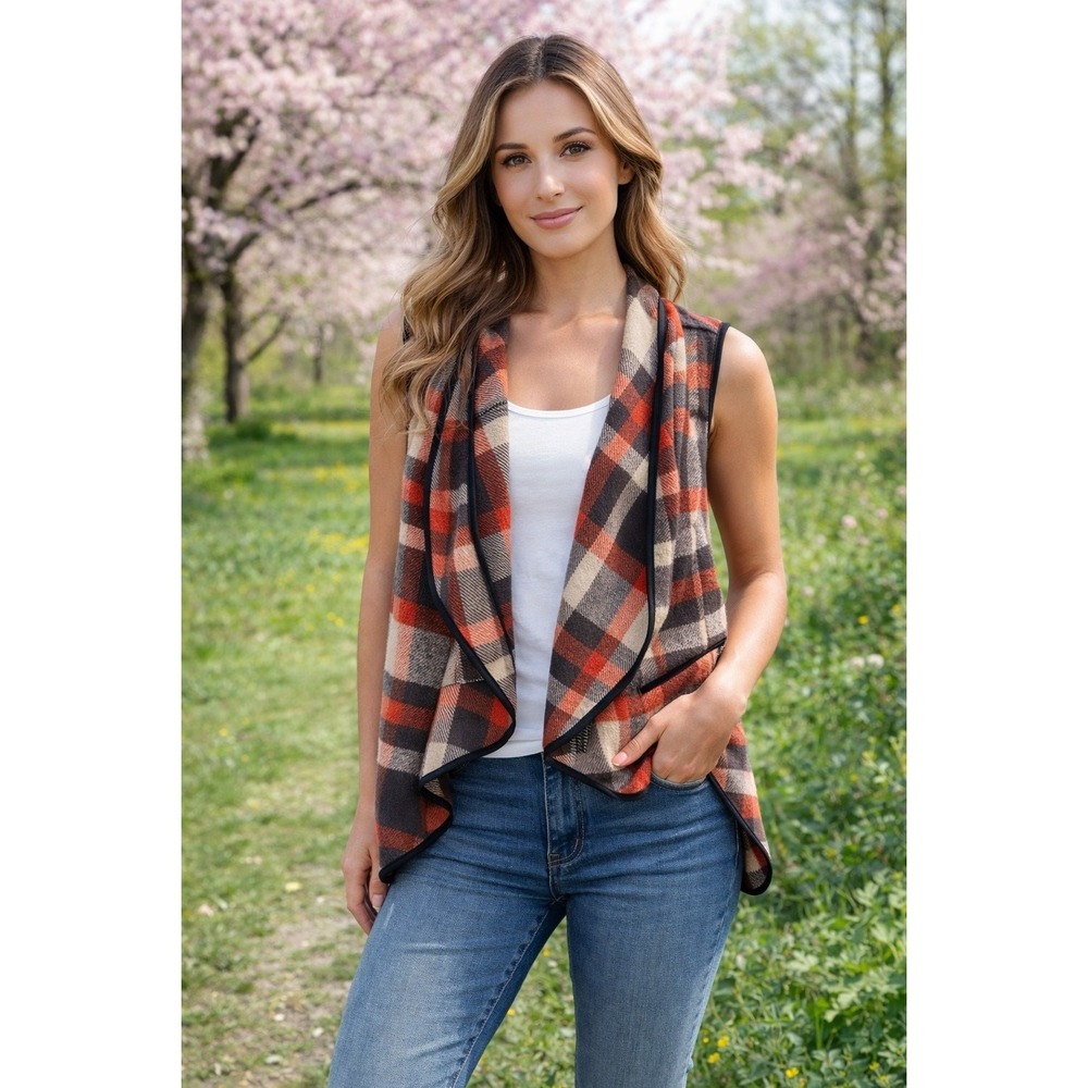 YACUN Plaid Waterfall Vest Women Small Red Excellent Draped Open Front Pockets